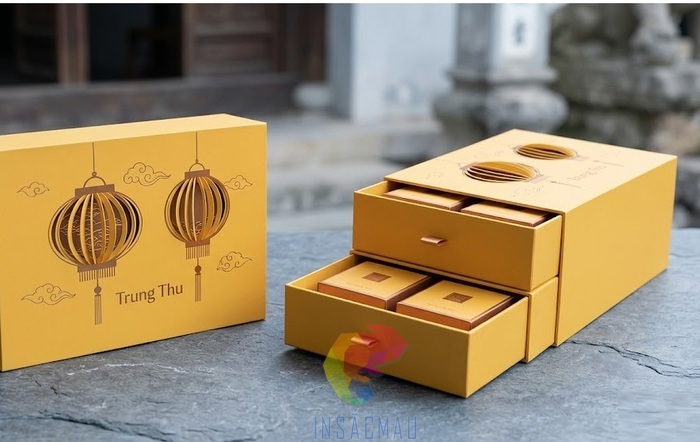 Mẫu hộp bánh trung thu 2 tầng thiết kế ấn tượng, màu vàng thu hút
