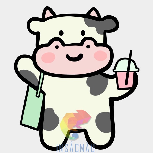 Mẫu sticker bò sữa cute đang uống cà phê