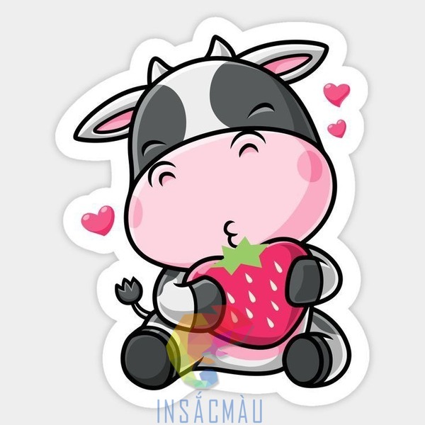 Mẫu sticker bò sữa cute đang ăn dâu tây