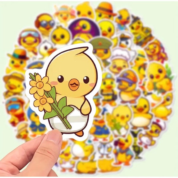 Mẫu sticker con vịt con cầm hoa vàng