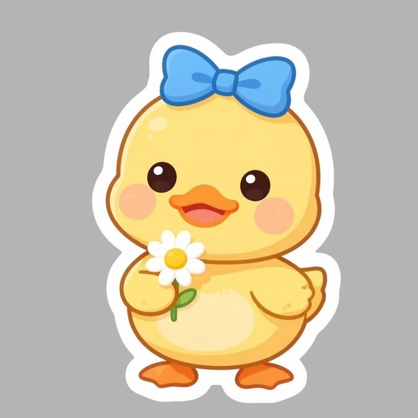 Mẫu sticker con vịt con cầm hoa cúc trắng