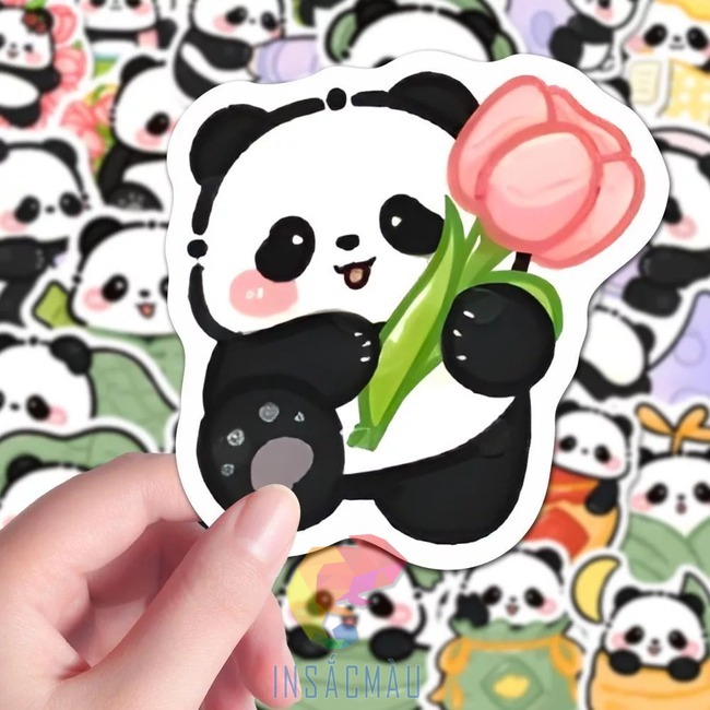 Mẫu sticker gấu trúc ôm hoa