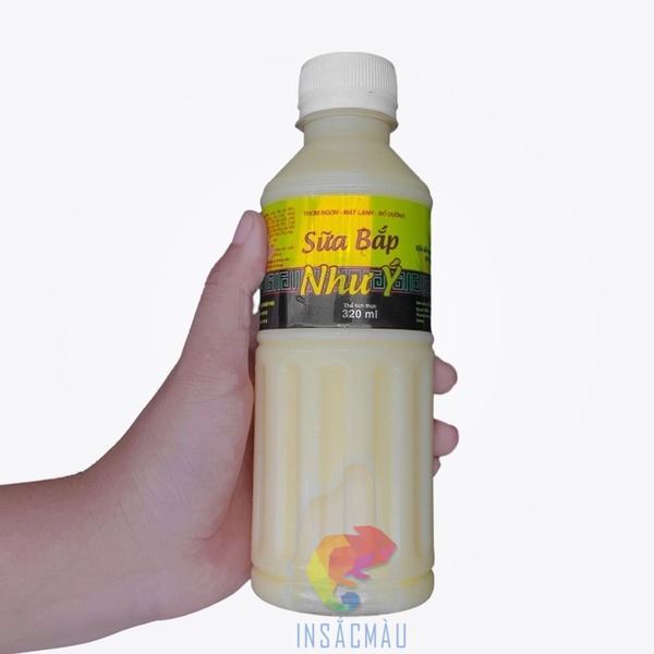 Mẫu tem nhãn sữa bắp quấn quanh thân chai sữa bắp