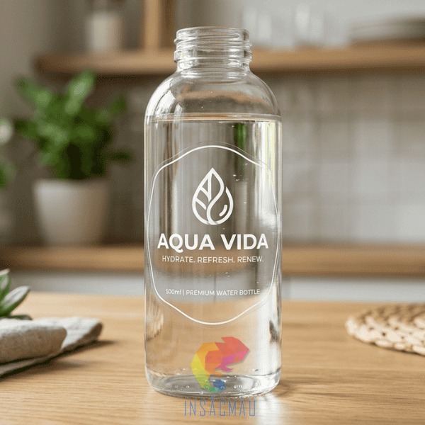 Mẫu decal trong chữ trắng dán chai thủy tinh