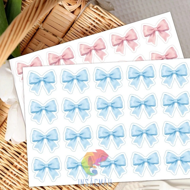 Mẫu sticker nơ màu xanh, hồng