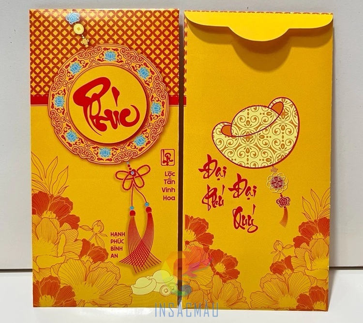 Mẫu bao lì xì chữ phúc ép kim vàng, màu vàng thu hút