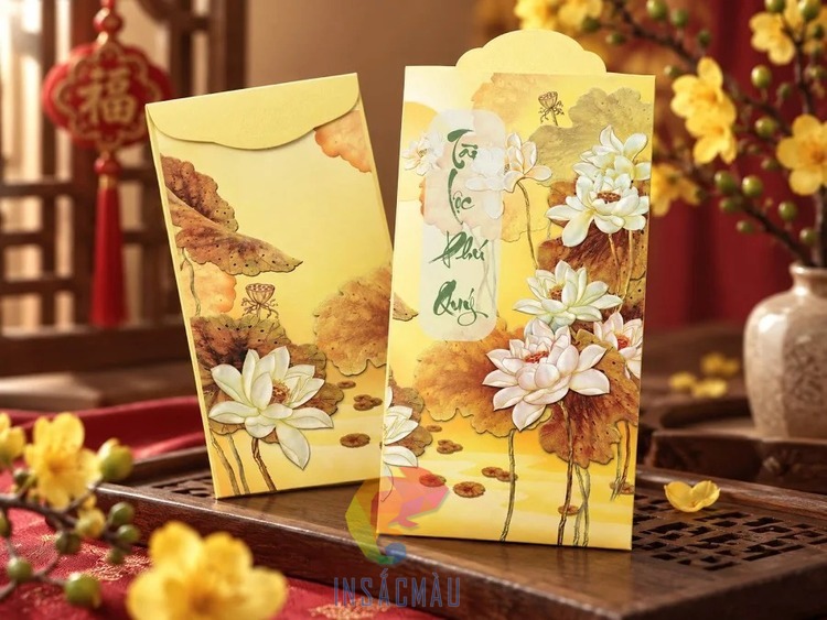 Mẫu bao lì xì in họa tiết hoa sen, thiết kế màu vàng nỏi bật