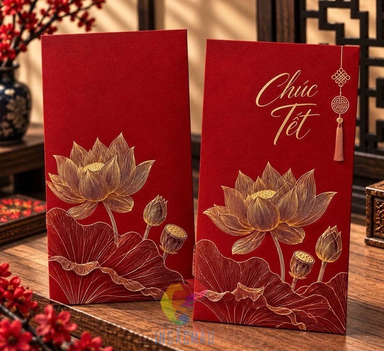 Mẫu bao lì xì hoa sen ép kim vàng cao cấp