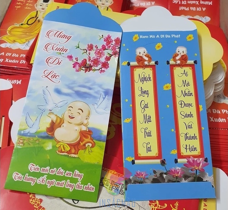 Mẫu bao lì xì Tết Đinh Mùi 2027 in hình Phật Di Lặc