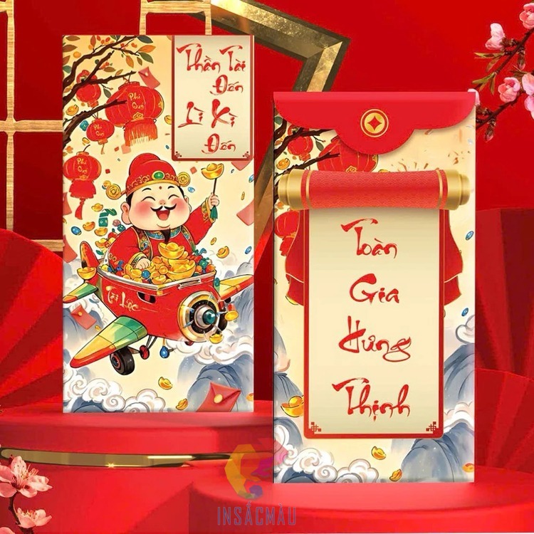 Mẫu bao lì xì thần tài ngồi máy bay