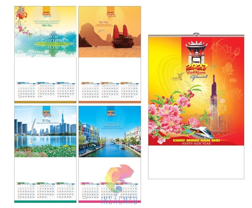 Mẫu lịch treo tường 5 tờ chủ đề hiện đại hóa năm 2027