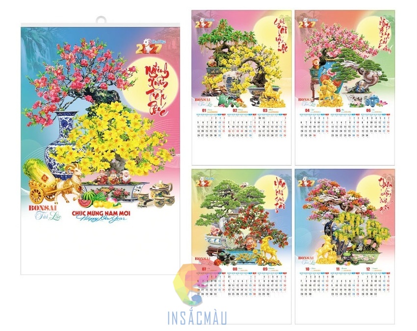 Mẫu lịch treo tường 5 tờ 2027 chủ đề bon sai