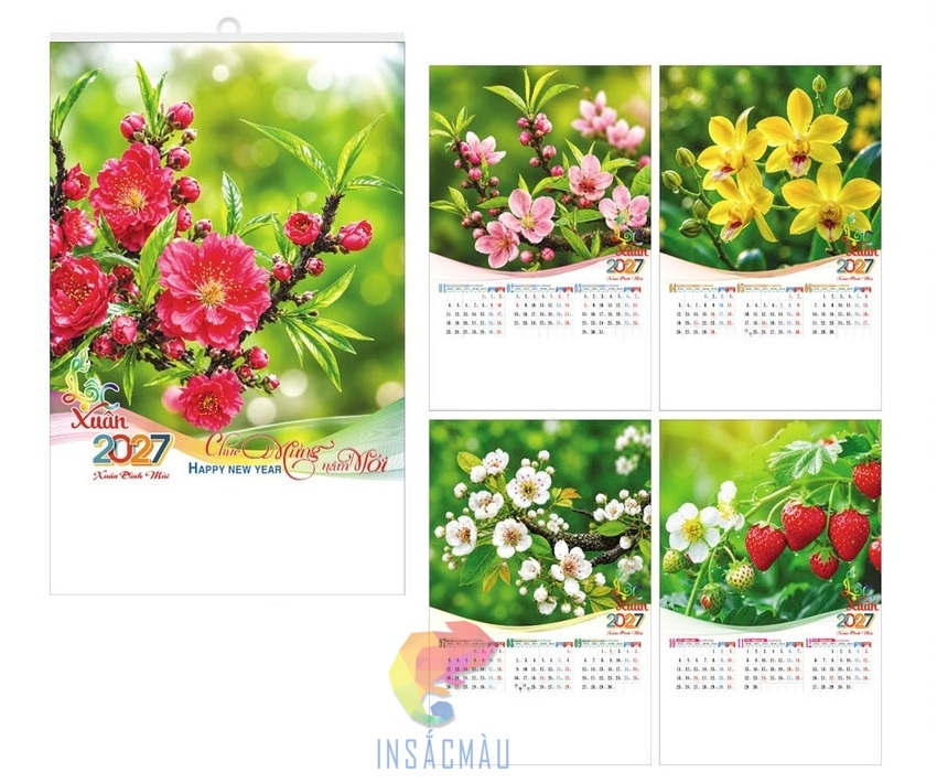 Mẫu lịch treo tường 5 tờ chủ đề hoa xuân